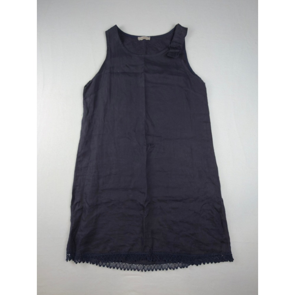 Bellambia Italy Navy Blue 100% Linen Lace Trim Shift Dress Women Large
